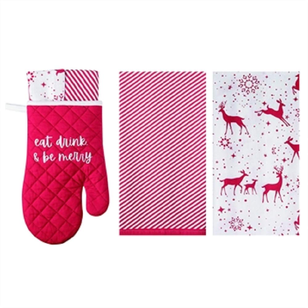 Transpac Y9399 Oven Mitt and Tea Towels, Gift Set of 3, 14-inch Width, Fabric