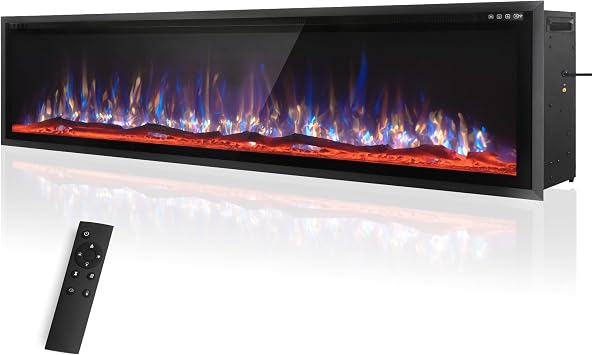 PHI VILLA 72" Ultra-Narrow Electric Fireplace, Realistic High Flame Wall Mounted/Recessed Fireplace with Crystal, Log & Charcoal Media Bed, 750/1500W Smart Heating & Remote Control
