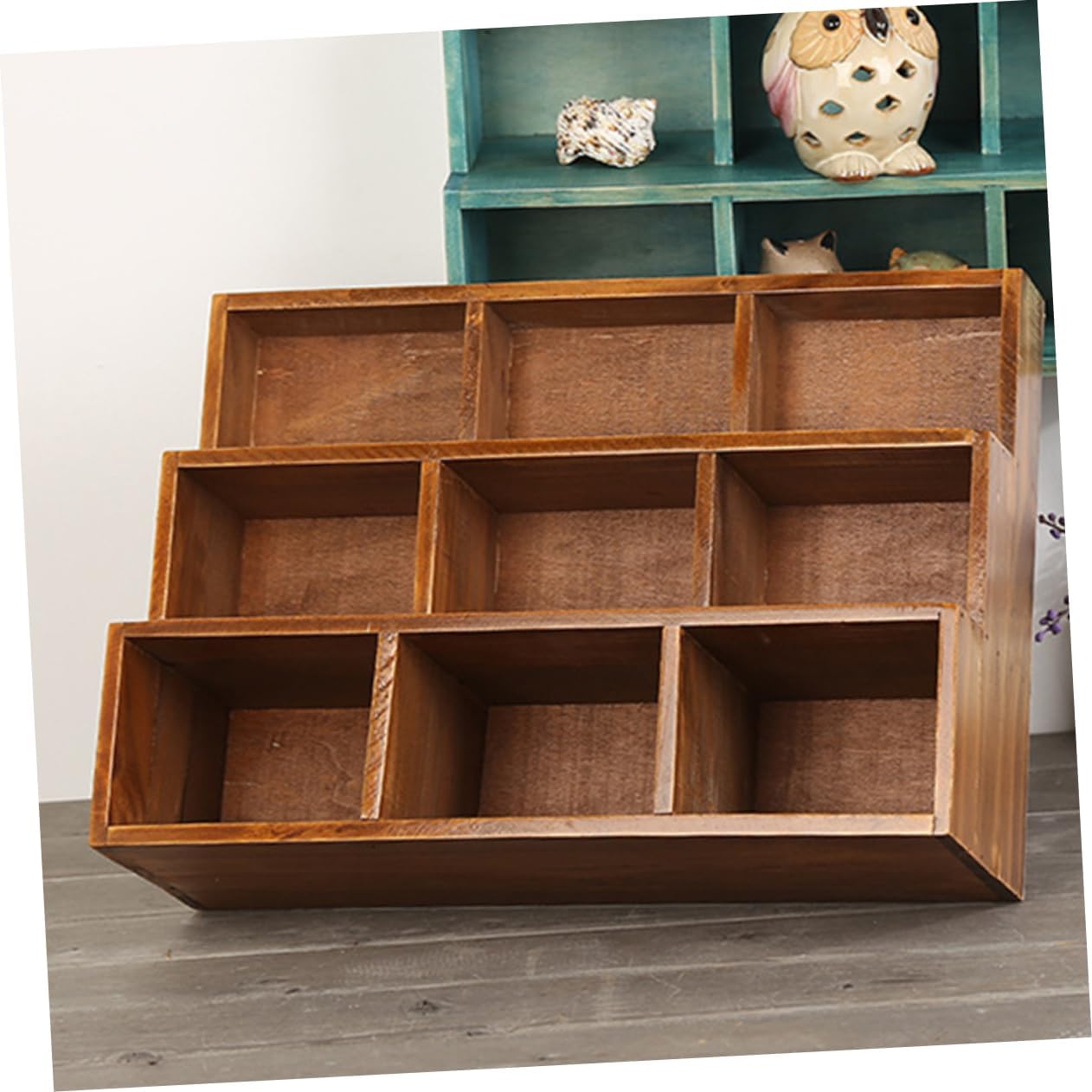 PRETYZOOM Retro Style Wood Display Cabinet 9 Slot Display Stands Merchandise Figure Stands Wood Rack
