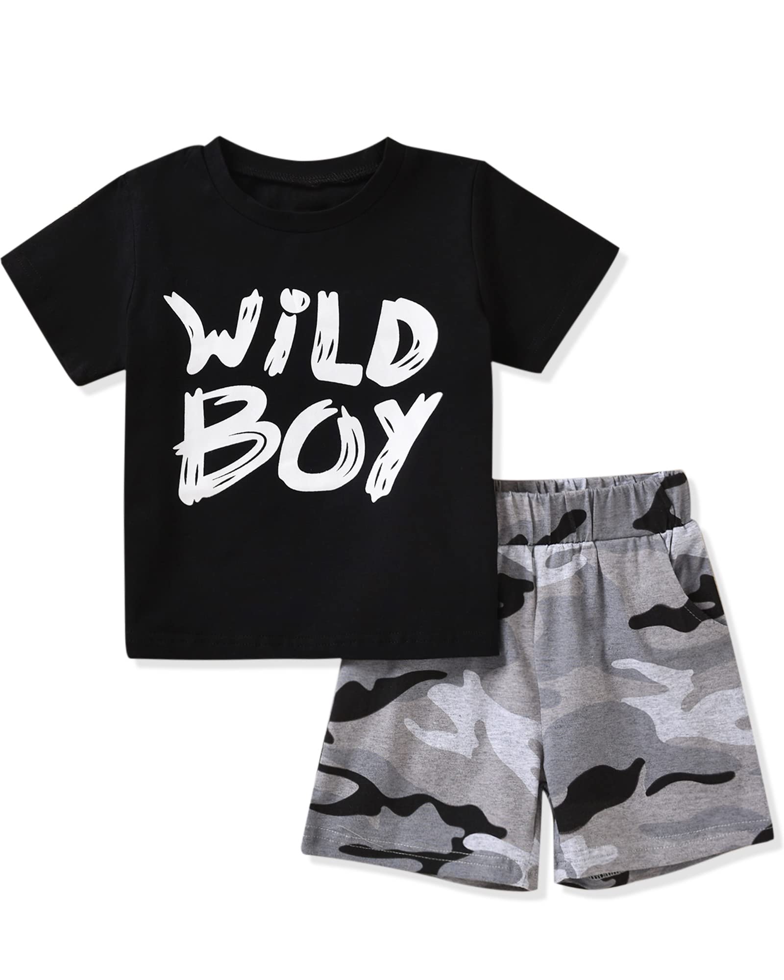 fioukiay Toddler Boys Summer Clothes Infant 3T Boy Outfit Wild Boy Short Sleeve T-Shirt with Camouflage Shorts Clothing (Black 02, 3T)