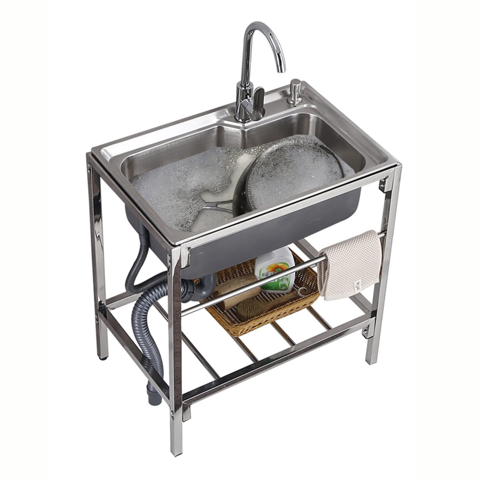 TAXXII Single Bowl Stainless Steel Utility Sink Commercial Kitchen with Faucet and Storage Shelves, Free Standing 1 Compartment Deep Oversized for Laundry, Garage, Indoor Outdoor