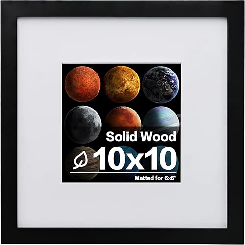 Egofine Portarretratos de 10 x 10 pulgadas, color negro, hecho de madera maciza con plexiglás HD para fotos de 6 x 6 pulgadas con paspartú o de 10 x