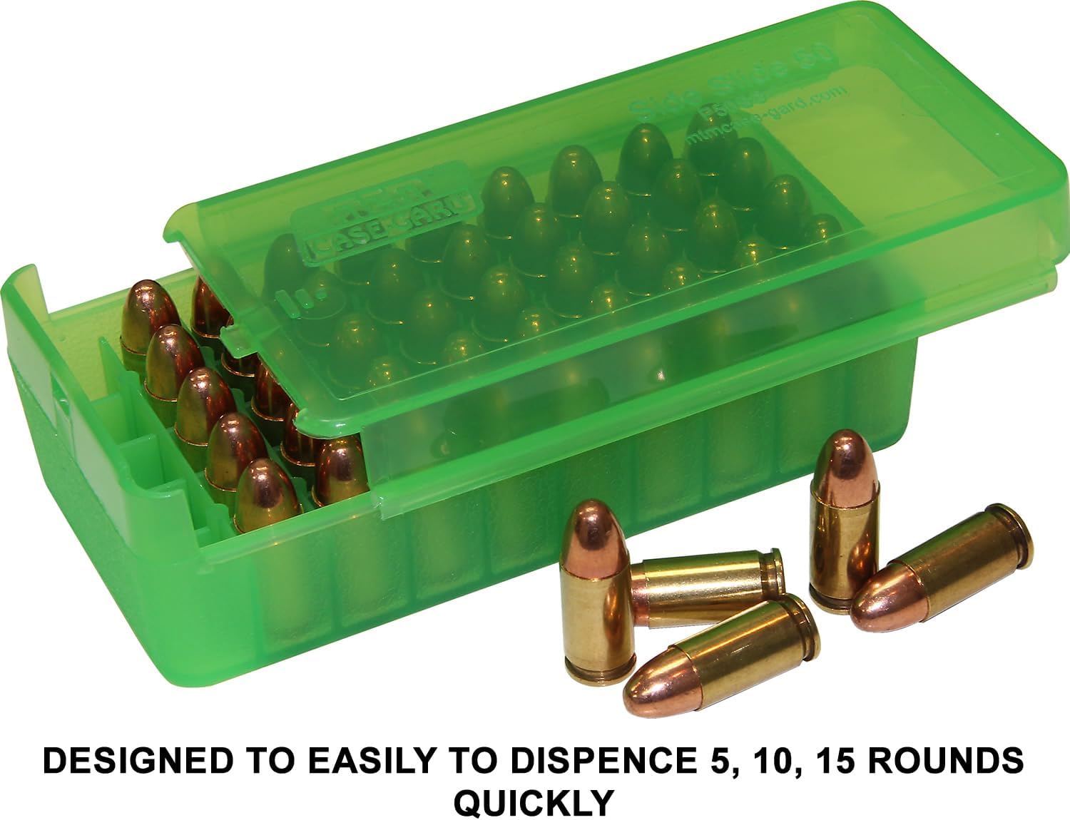 MTM Case-Gard P50SS-45-16 Side Slide Ammo Box, 50 Round 45 ACP 10mm 357 Sig 40 S&W 45 GAP 8mm Nanbu, USA Made, Clear Green