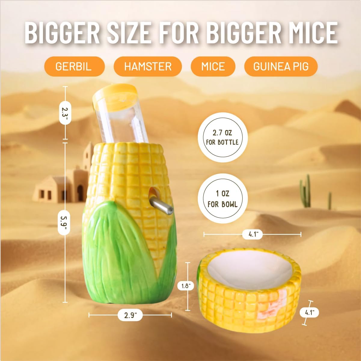 PAWCHEE Corn Ceramic Hamster Water Bottle Stand with Food Bowl Hamster, Gerbil,mice Water Bottles with Holder Water Feeder for Small Animals?Hamster Cage Accessories