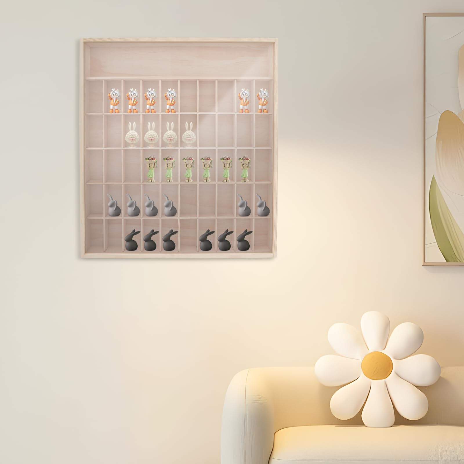 Vitrina de madera para minifiguras y figuras de acción, armario de vitrina montado en la pared con 50 compartimentos y puerta acrílica transparente, armario de colección a prueba de polvo para