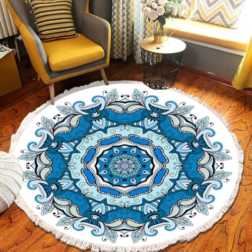 Alfombra pequeña de poliéster de 60 cm con patrón floral étnico redondo para comedor, cocina, oficina, color azul, estilo 2