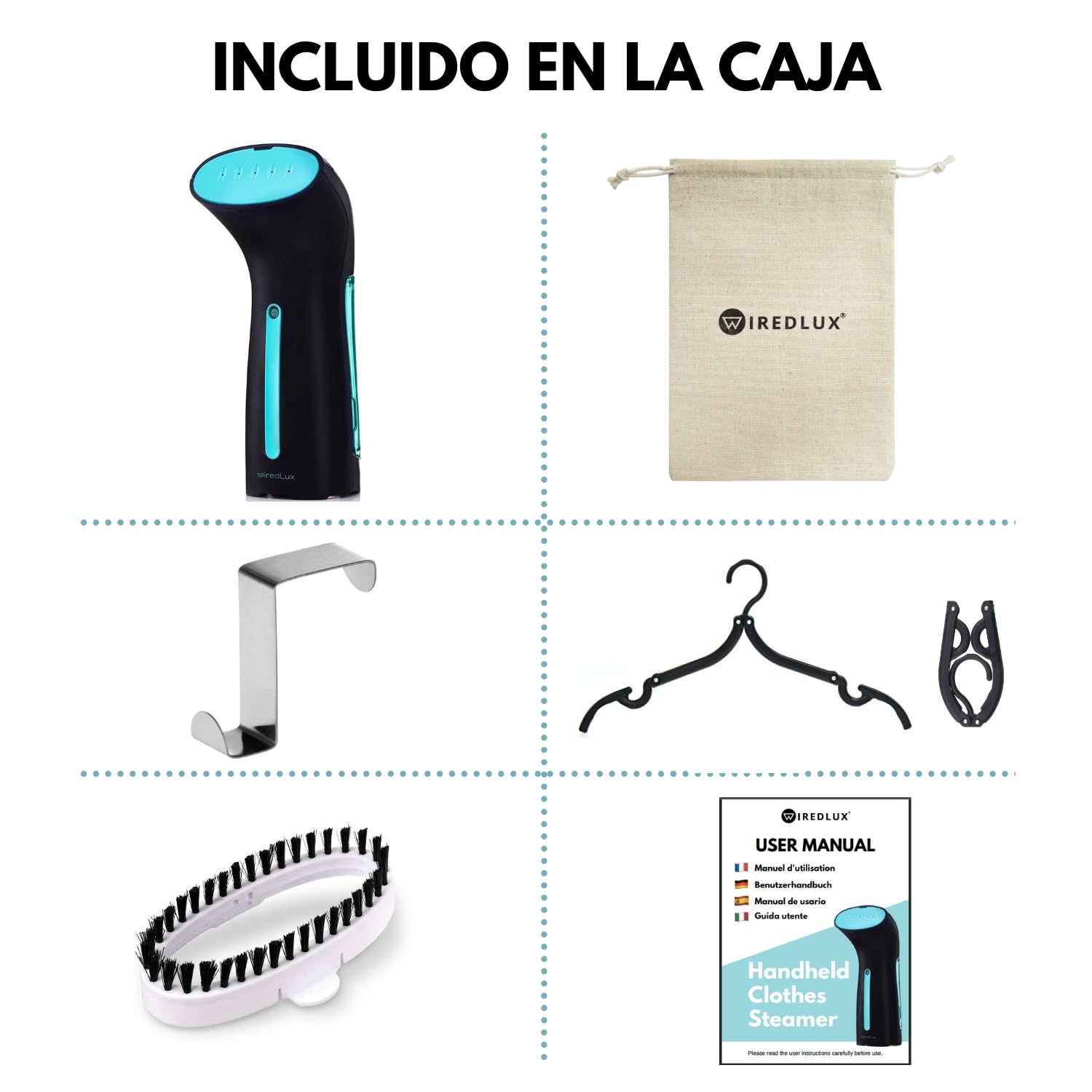 Plancha Vertical de Vapor WiredLux - Plancha Ropa de Viaje Ligera y Portátil - Steamer Listo en 25 Segundos y 100% a Prueba de Fugas - Planchado Rápido y Fácil - Accesorios de Viaje incluidos