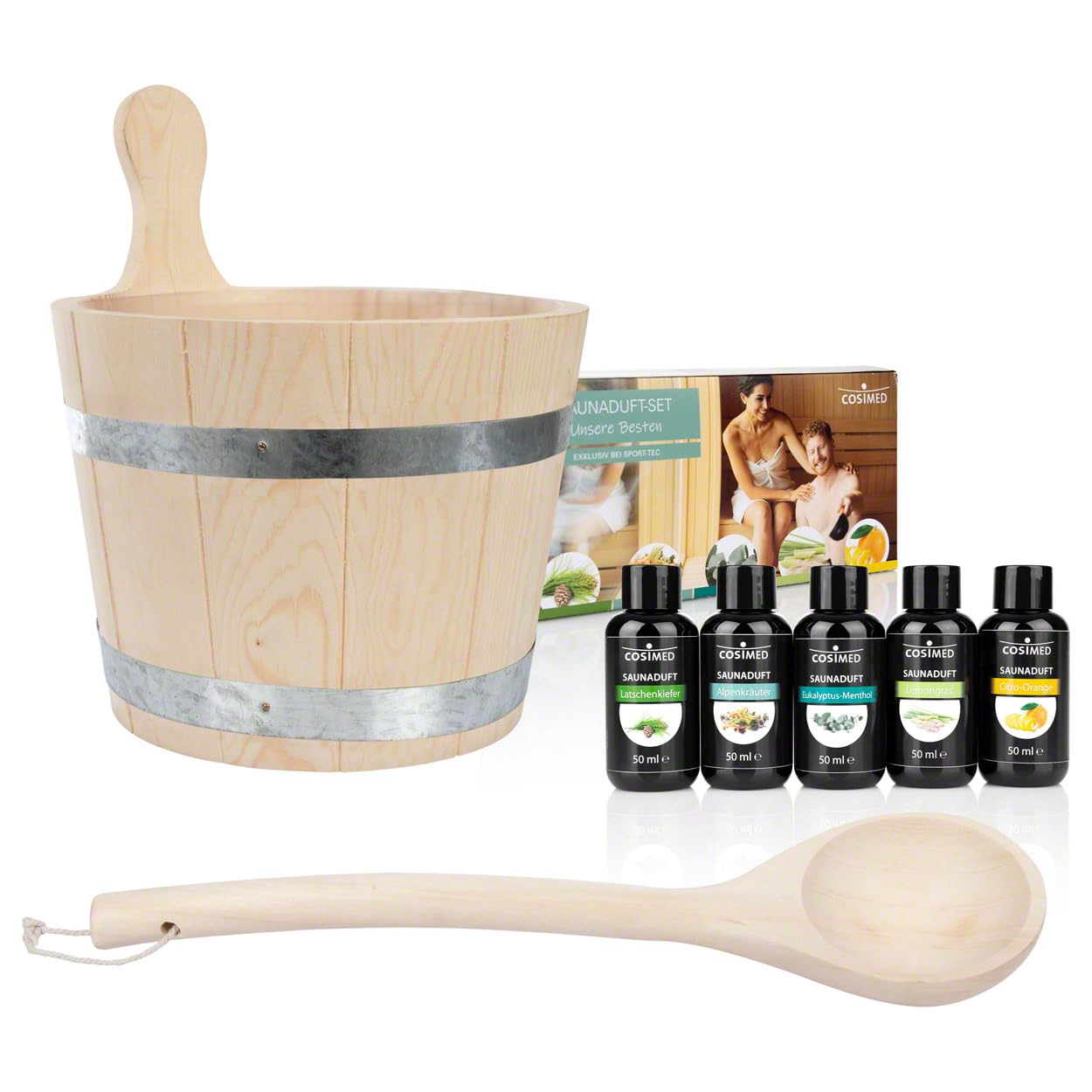 Sport-Tec Sauna Starter-Set 9-TLG., Aufgusskübel + Schöpfkelle + 6 versch. Saunadüfte á 50 ml