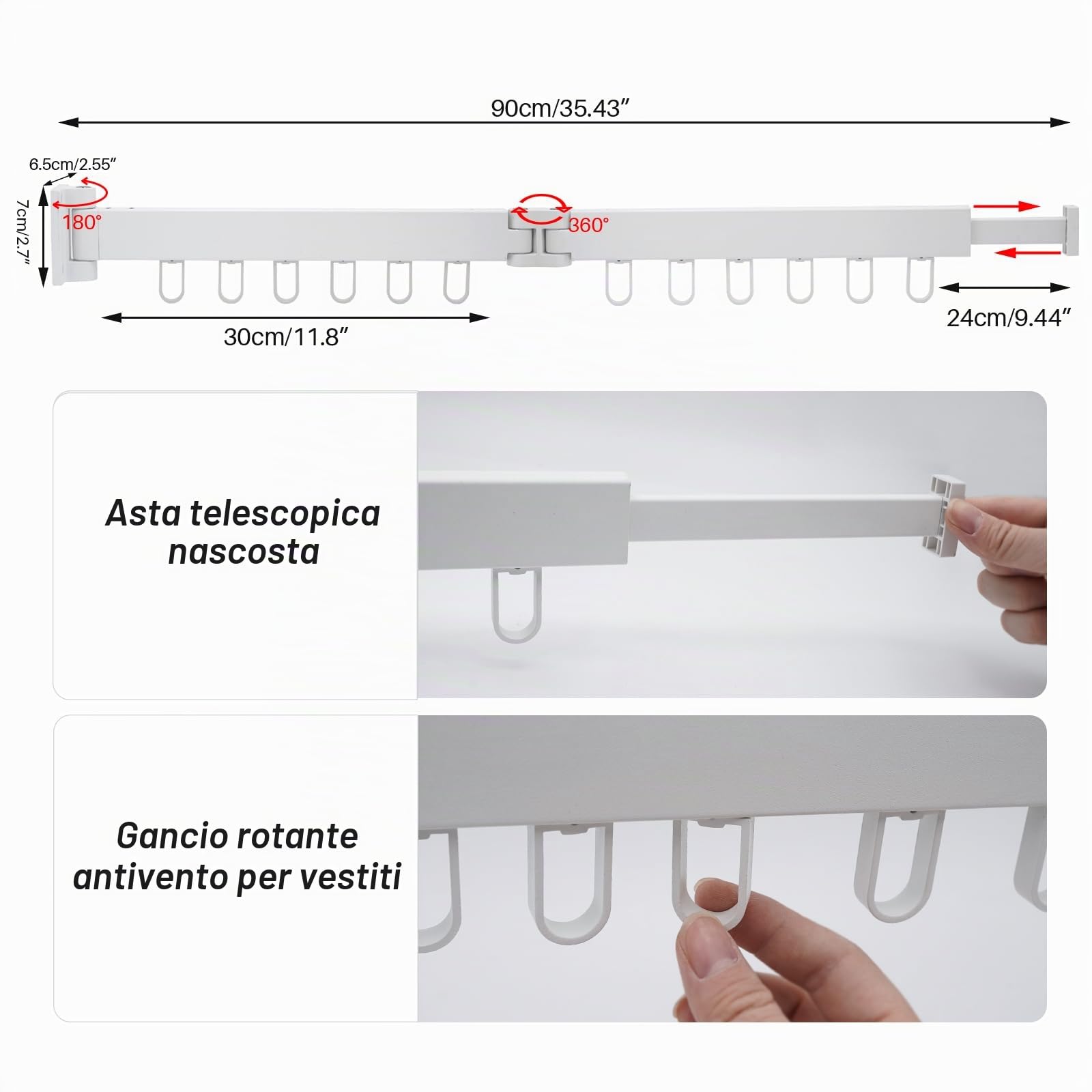 90cm Stendibiancheria Da Parete, Stendino Alluminio, Allungabile, Bianco, 12 Ganci