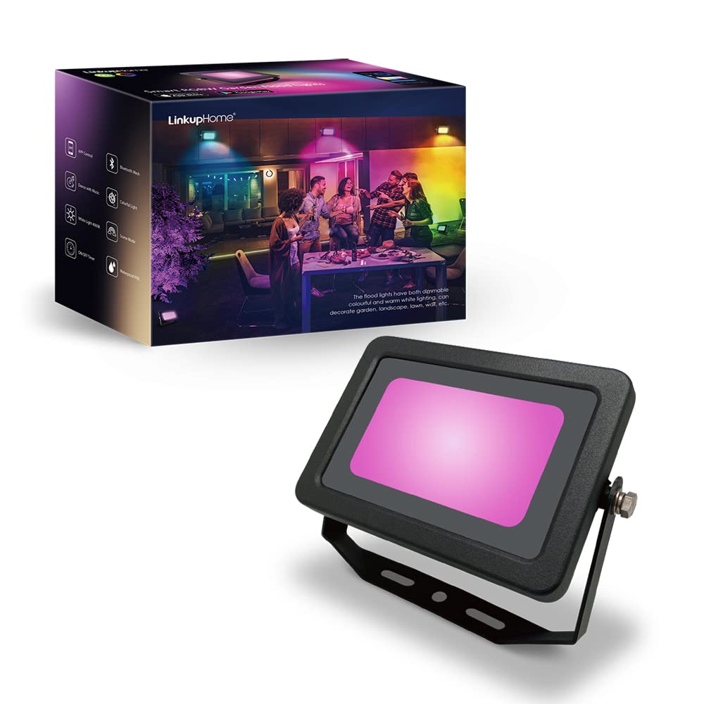 LinkupHomeSmart RGBW Flood Lights, Bluetooth Mesh, Smart Life App Control, RGB & Warm White 4000K, Total 4 Meters, 20W, Light Sync with Music, Support Grouping, Timing, IP65 Waterproof, 1 Pack