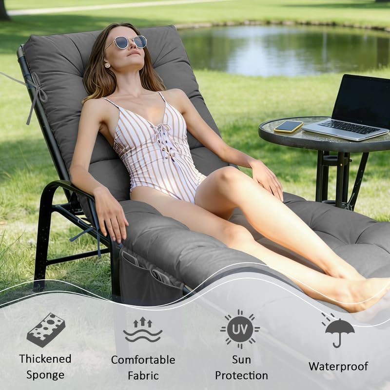 4 Pcs Chaise Lounge Chair Cushion Outdoor, 67*22*4 in Thick Leisure Lounge Deck Chair Cushion, Waterproof Patio Pool Sun Lounger Chair Pad with Straps, Bag, for Pool Beach Patio Garden Resort