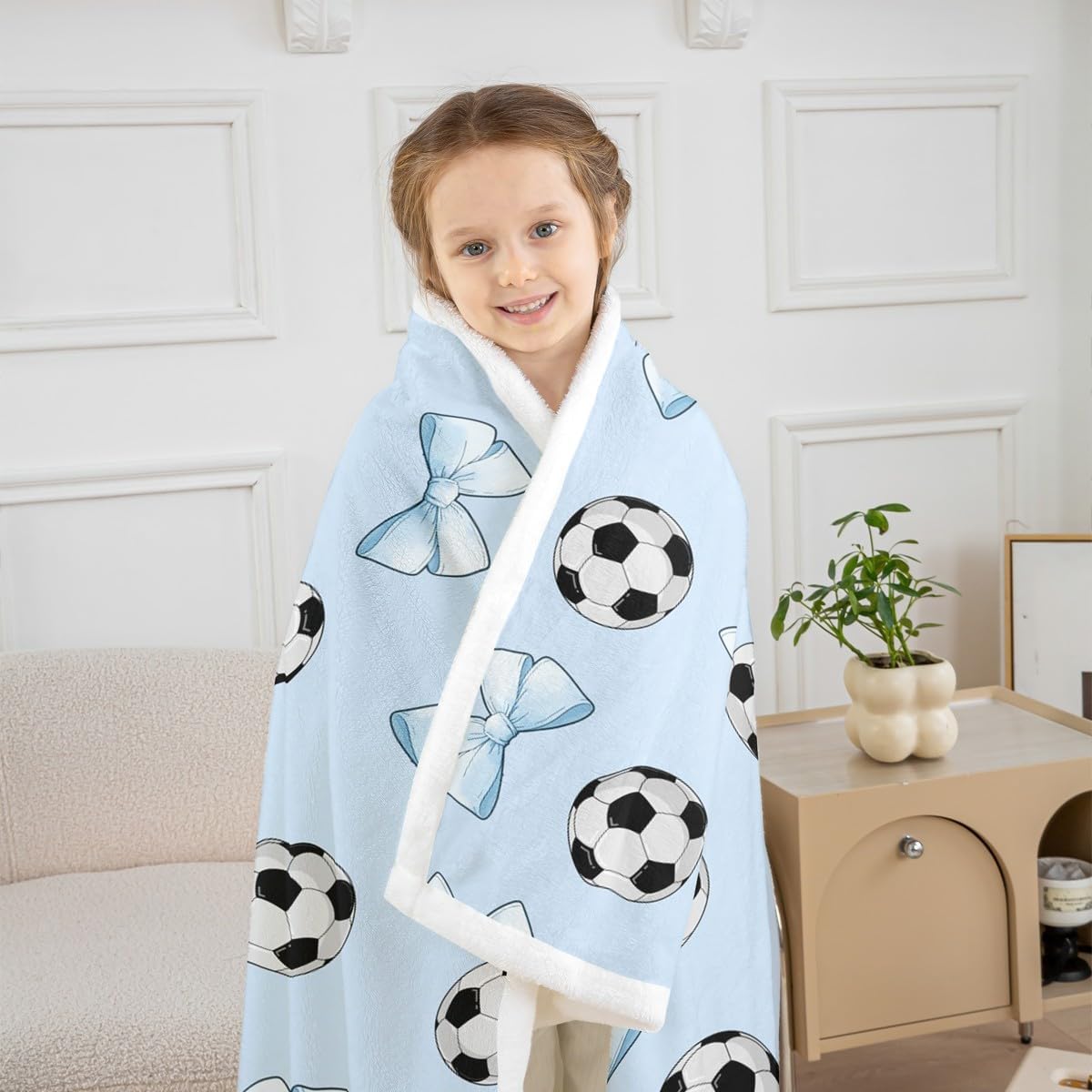 jejeloiu Soccer Ball Game Sherpa Blanket Plush Fuzzy Football Fleece Throw Blanket for Kids Boys Girls Teens Blue Bow Twin 60"x80" Cute Bowknot Room Decor Gift for Football Lover Soft
