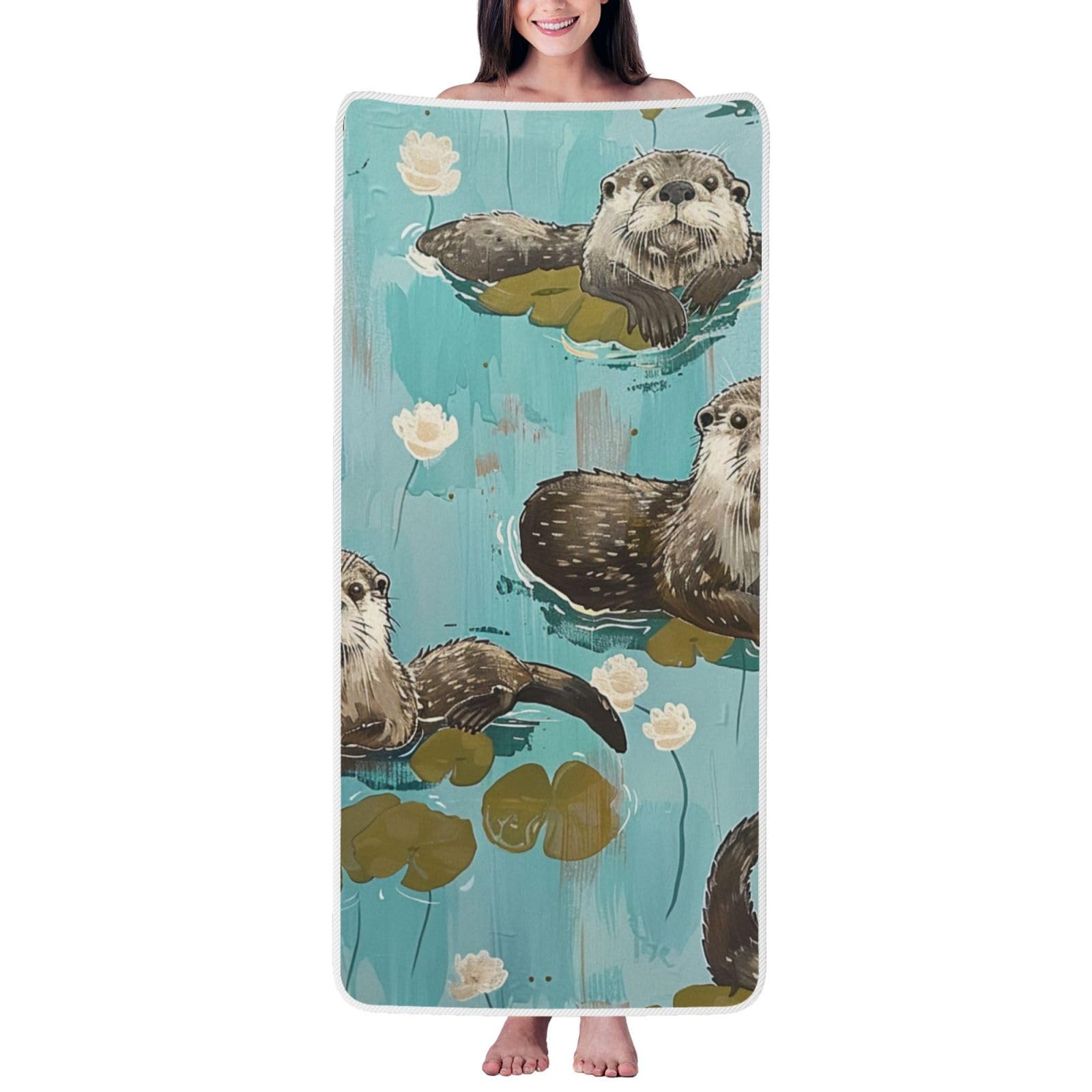 WPKJU Otters Printed Bath Towel with White Edging - 27x55 in Soft Extra Absorbent Coral Velvet Shower Towels for Bathroom