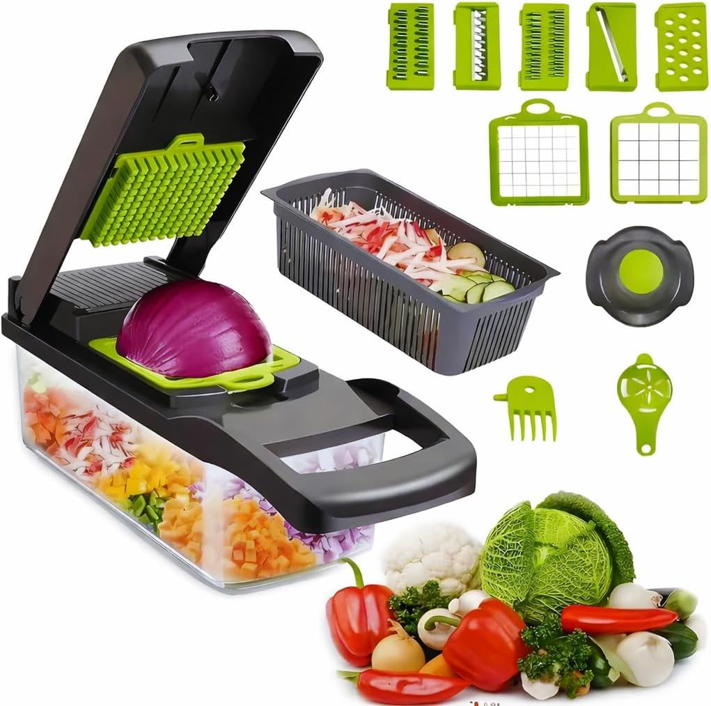 16-in-1 Vegetable Chopper Mandoline Slicer with Container, Food Processor, Food Chopper, Onion Chopper, Veggie Cutter for Salad, Potato Cutter, French Fry Cutter, Kitchen Gadgets & Accessories