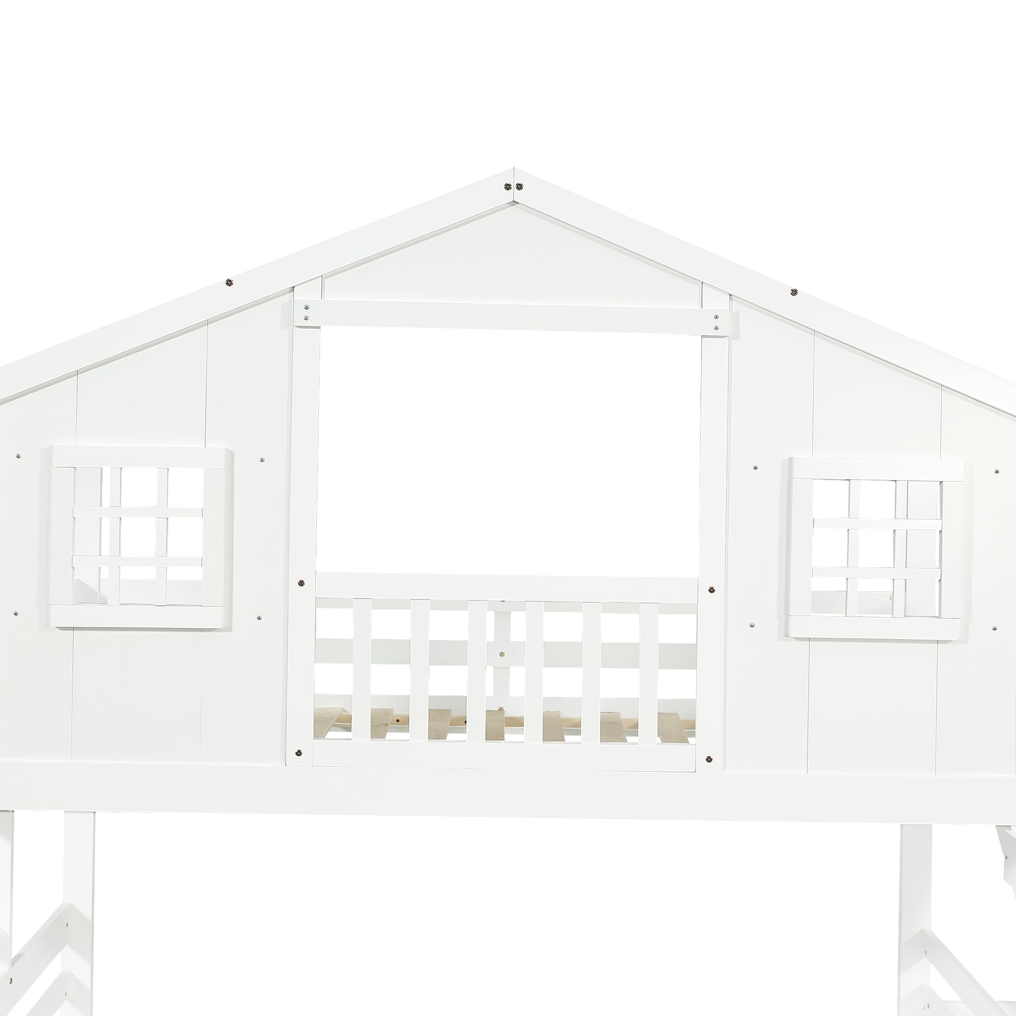 Etagenbett mit Kinderrutsche, Kinderbett, Exquisites Fenster- und Dachdesign, Stabiler Lattenrost und Stufen, Kiefer + MDF+Sperrholz, Weiß, 90x200cm