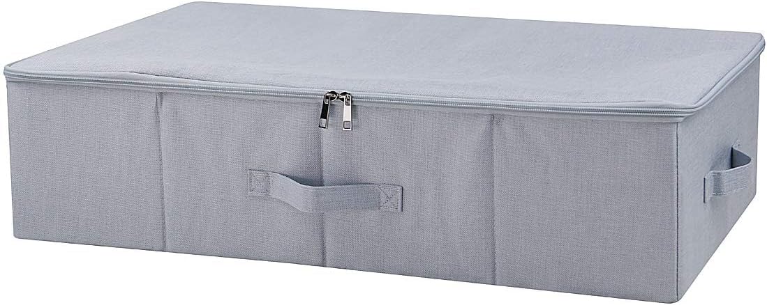 Underbed Garment Storage Basket with 3-side Zip Cover, Large Size & Folding Design, Anti-mold Organizer Container, Light Gray
