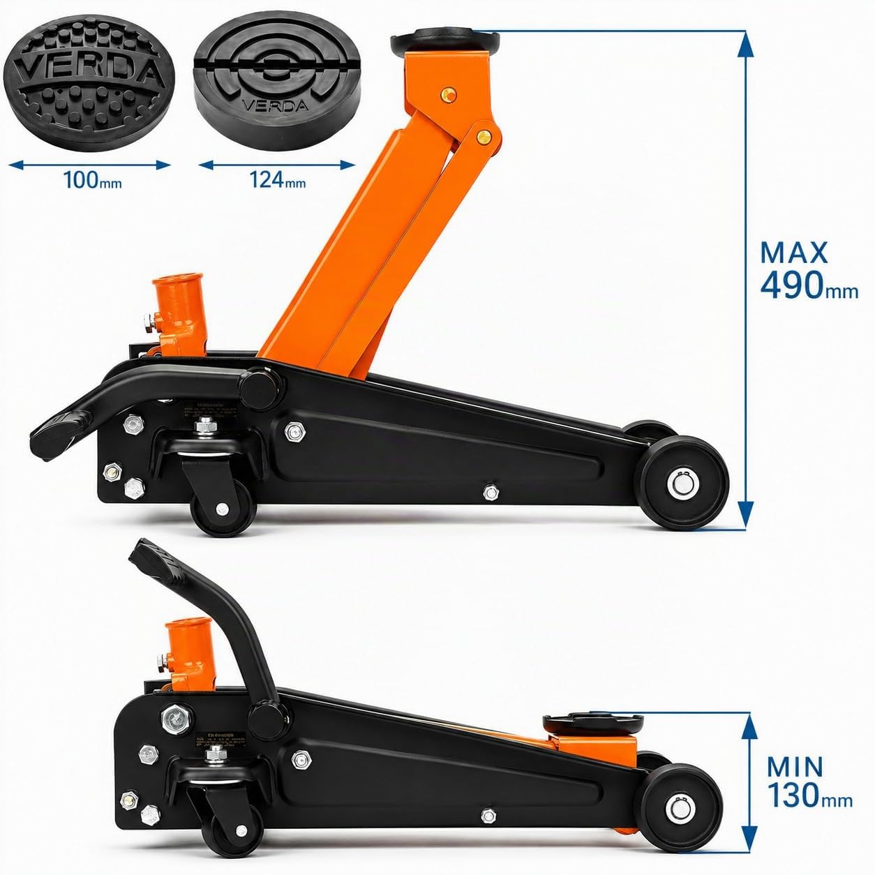Cric Hydraulique 3T Verda (130–490 mm) Cric Rouleur Profil Bas avec Double Pompe & Double Piston – avec Patins en Caoutchouc & Gants de Montage – pour Voiture, SUV