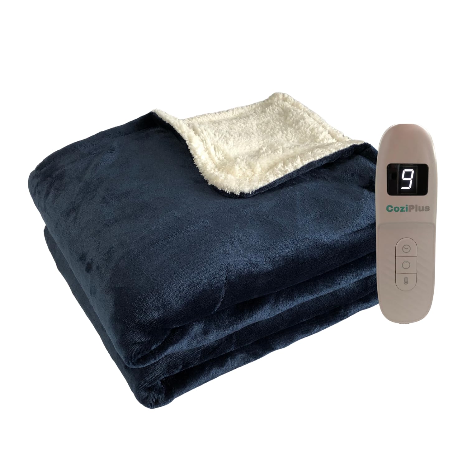 Coziplus Electric Heated Blanket Throw Flannel & Sherpa Fleece, 8 Available Colors, Fast Heating 160x130cm, 9 Heat & Timer Levels, Auto-Shut Off, LED Display, For Home & Office Use (Navy)