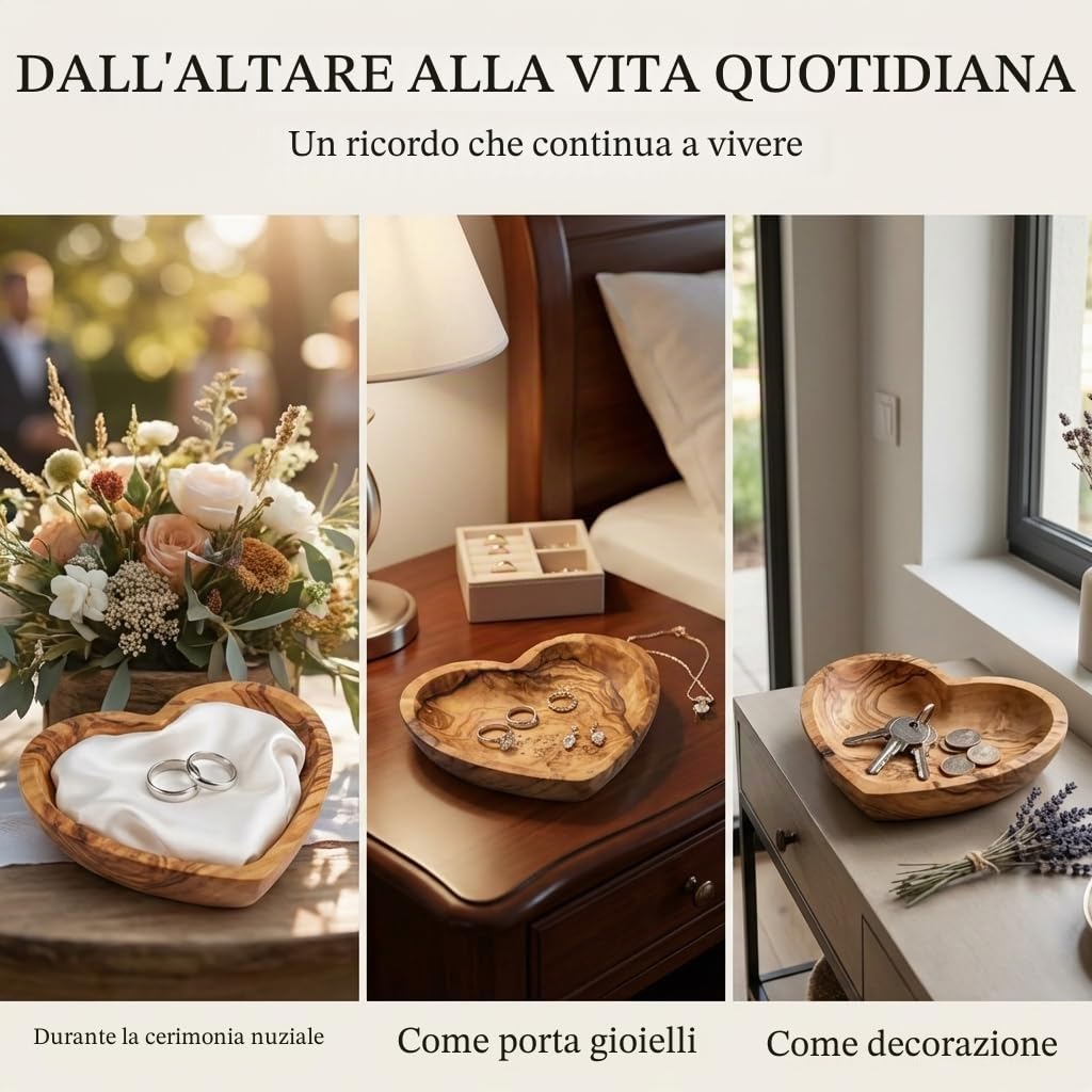 Cuscino per anelli matrimonio in legno d'ulivo, personalizzato – Ciotola in legno fatto a mano a forma di cuore