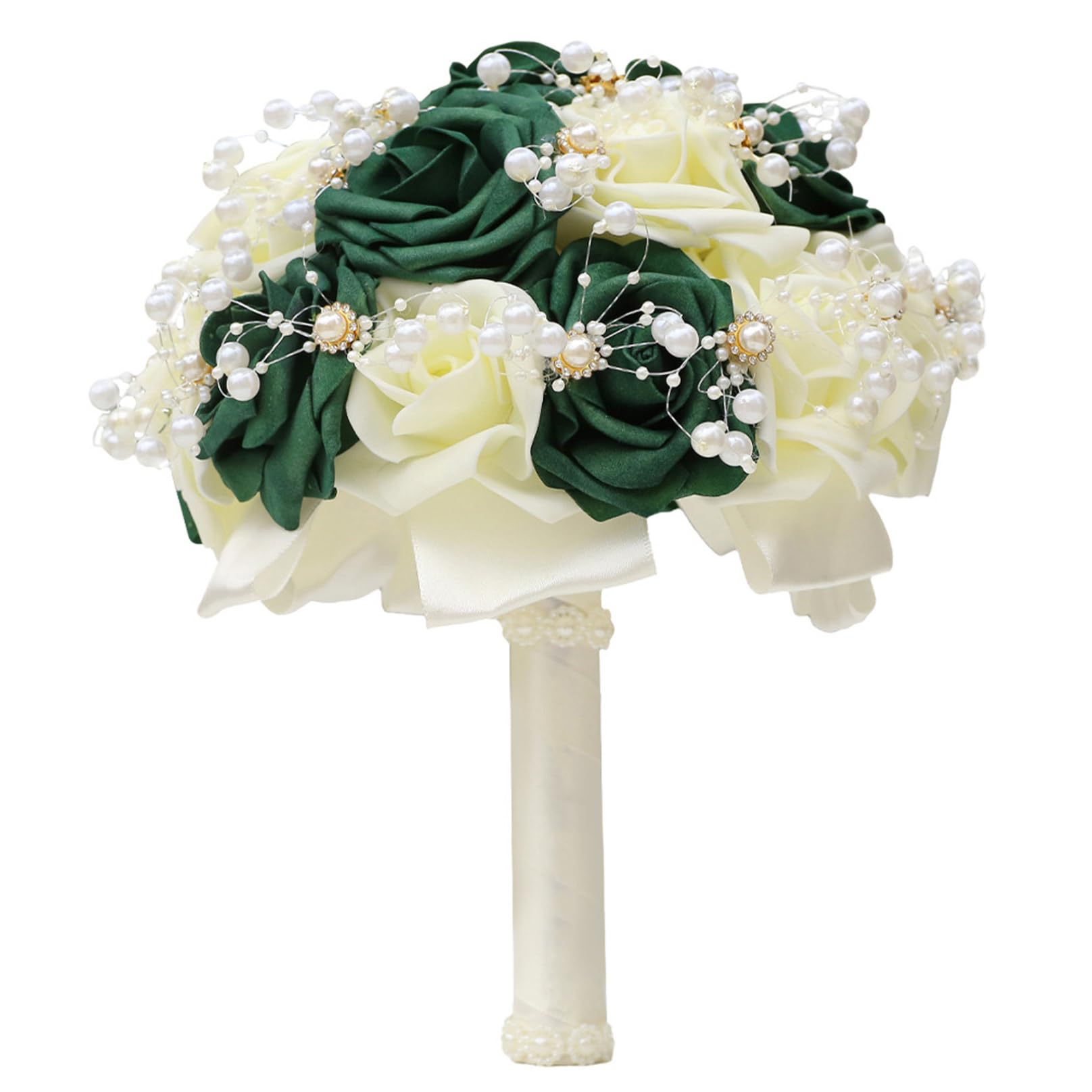 Ameble White+Green Elegant Eternal Rose Wedding Bouquet For Bride With Pearl & Rhinestones, Green And White Handheld Bouquets For Bride And Bridesmaids, Prom Flowers