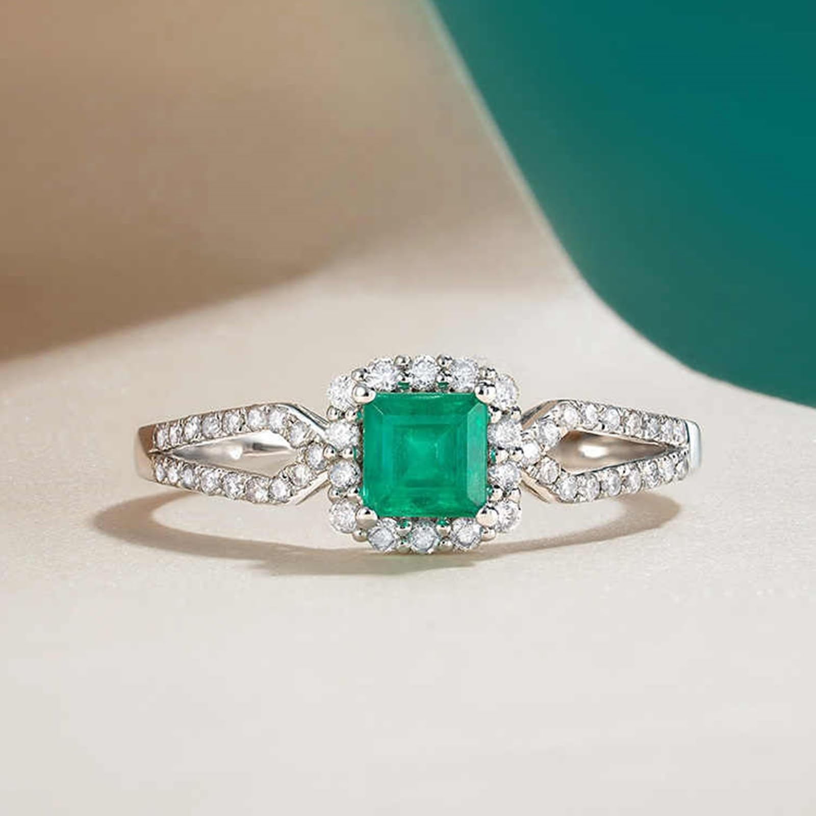 Pierścionek damski, białe złoto, prawdziwe złoto, pierścionek zaręczynowy, elegancki 0,4 ct szmaragdowy pierścionek dla kobiet