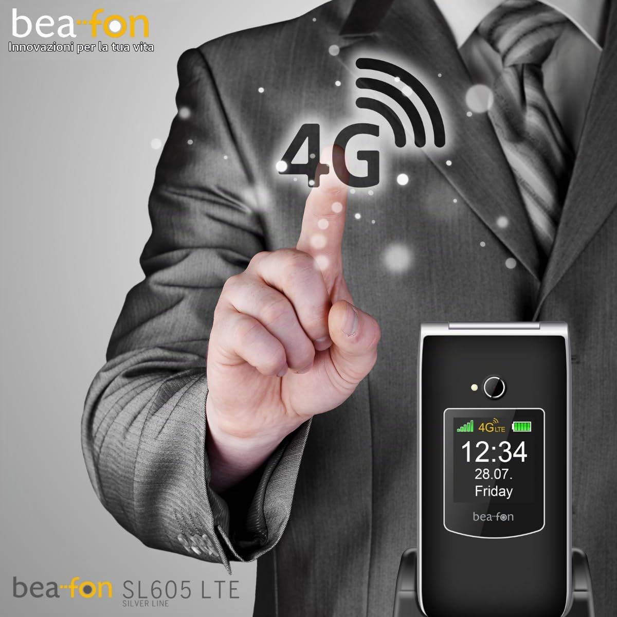 Beafon, SL605 LTE 4G, Silverline, telefono cellulare pieghevole per anziani con pulsante di emergenza, display interno a colori 2,4" (6,09 cm), display esterno a colori 1,44" (3,65 cm), IP54