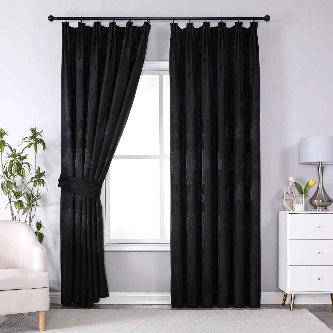 Black Jacquard Pencil Pleat Curtains 46 x 54 Inch - Luxury Fully Lined Window Curtains for Bedroom and Living Room - Decorative Virginia Drapes Set Of 2 Panels With Tie Backs