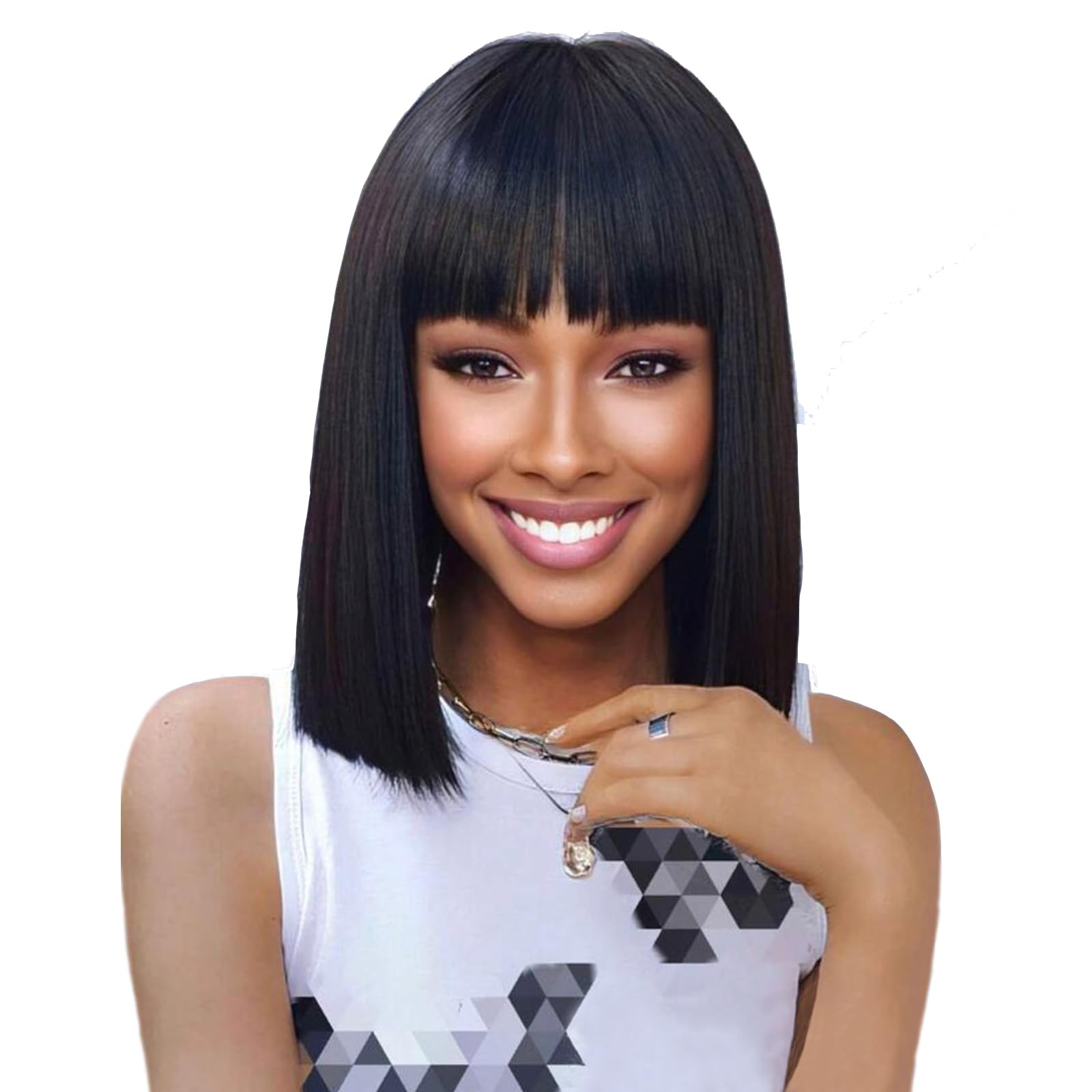 Mofyue Human Hair Bob Wig with Bangs Human Hair Glueless Bob Blunt Cut Straight Realistic Scalp Glueless Non Lace Front Wig For Women (Natural Color