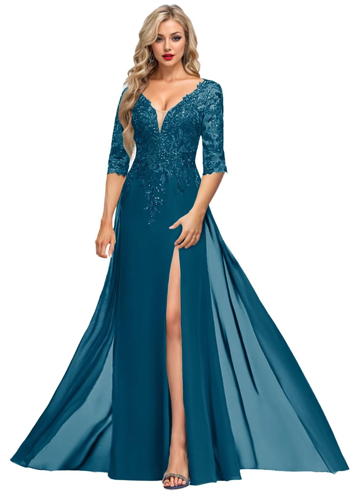 Sequin Lace Mother of The Bride Dresses for Women with Slit Long V Neck Evening Formal Party Gown with Sleeves