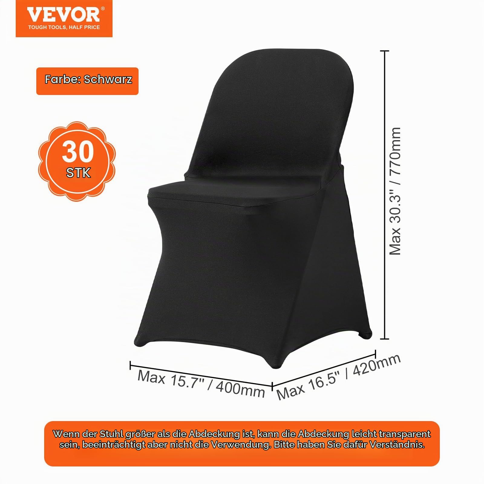 VEVOR Stuhlhussen aus Elastischem Spandex für Klappstühle, Universell Passender Stuhlbezug, Abnehmbare & Waschbare Schonbezüge, für Hochzeiten, Partys, Feiern, Essen (30 Stück, Schwarz)