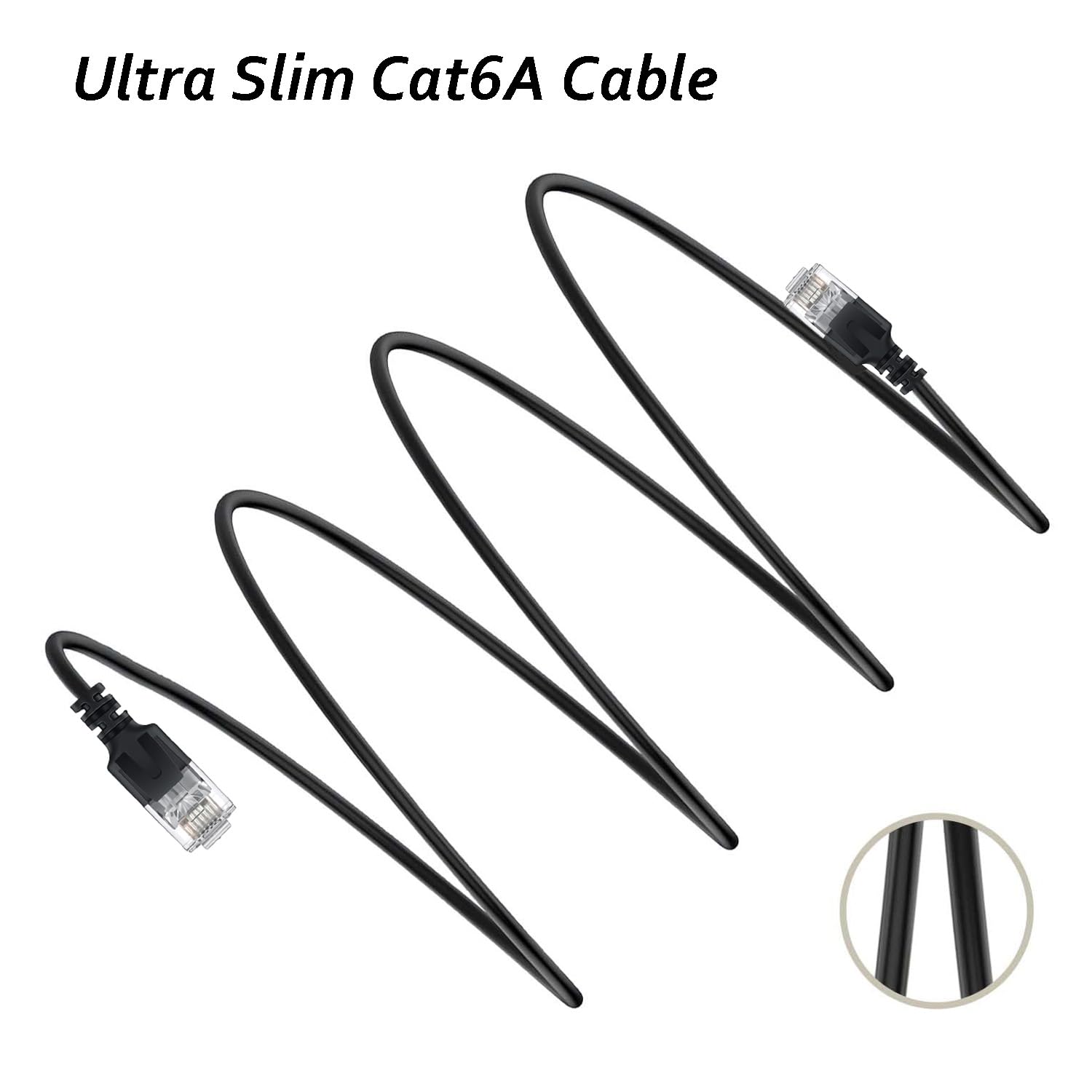 Elfcam® - 5m Ethernet Cat 6A Ultra Slim 10Gbps 32AWG UTP OD2,8mm 500MHz, 10Gb Thin RJ45 Cat 6A Patch Cord per LAN, Router, Modem, Xb Laptop e Server, Nero, 5 Metri