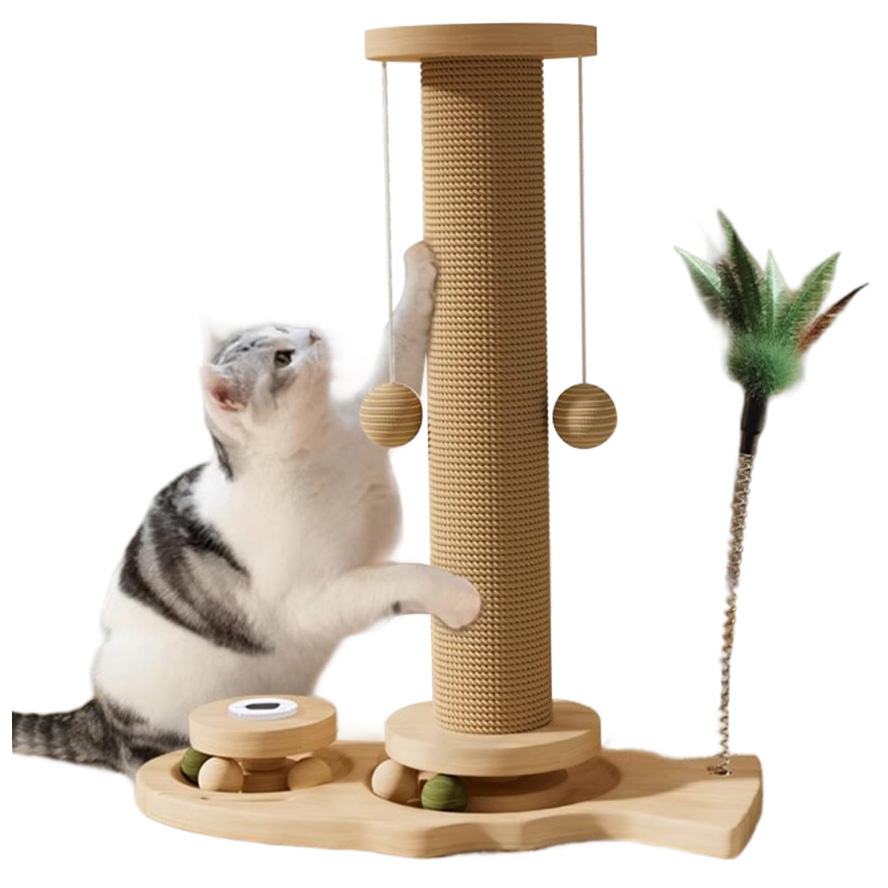 Ssguopte Cat Scratching Post Interactive Sisal Cat Furniture with Balls & Dual Turntables & Teaser Non-Slip Fun Toys for Indoor, 16x13 Inch