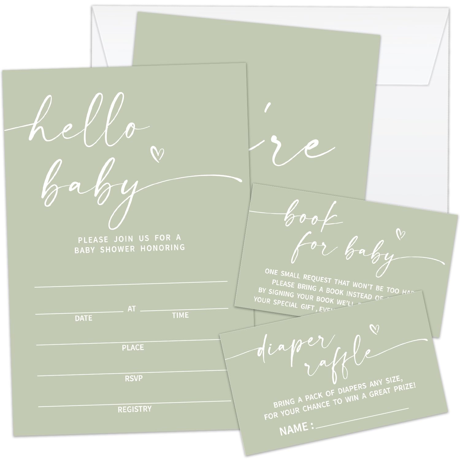 25-Set 'Hello Baby' Sage Green Gender Neutral Invitation Suite with Inserts