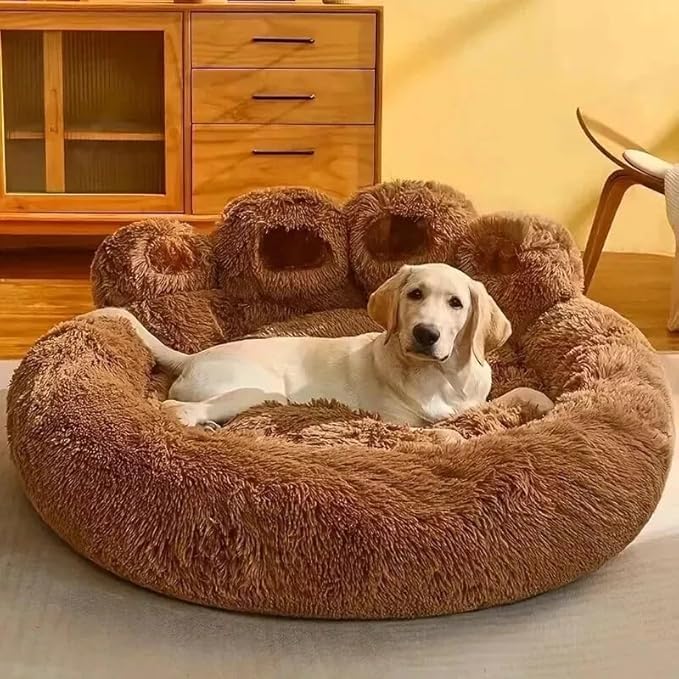 Plush Paw-Shaped Dog Bed, Soft Fluffy Pet Sofa Anti-Slip Donut Cushion | Cosy Round Bed for Cats & Dogs (Brown, Medium: 60 x 60)