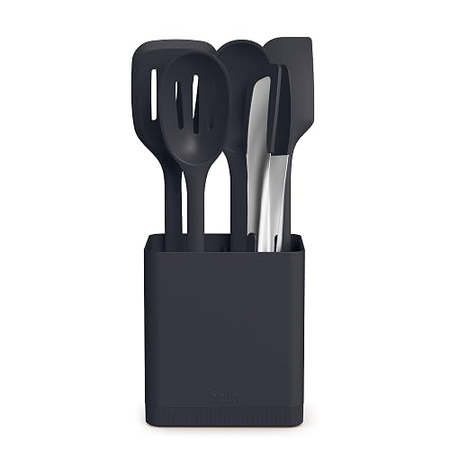 bella 6-Piece Modular Tool Set, Silicone, Turner, Spoon, Slotted Spoon, Spatula, Tongs, Crock with removable divider, Non-toxic*, Food-grade, Heat safe to 425°F, Dishwasher Safe, Oatmilk - 6 pc. - Slate