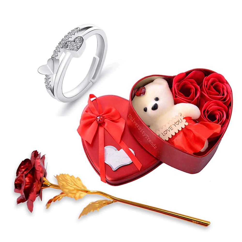 University Trendz Valentines Day Gift Combo of Silver Plated Double Heart Shape Adjustable Ring with Red Rose and Soft Teddy Bear Gift Box for Boyfriend/Girlfriend/Lover (B08X67G3P8) Amazon Price History, Amazon Price Tracker