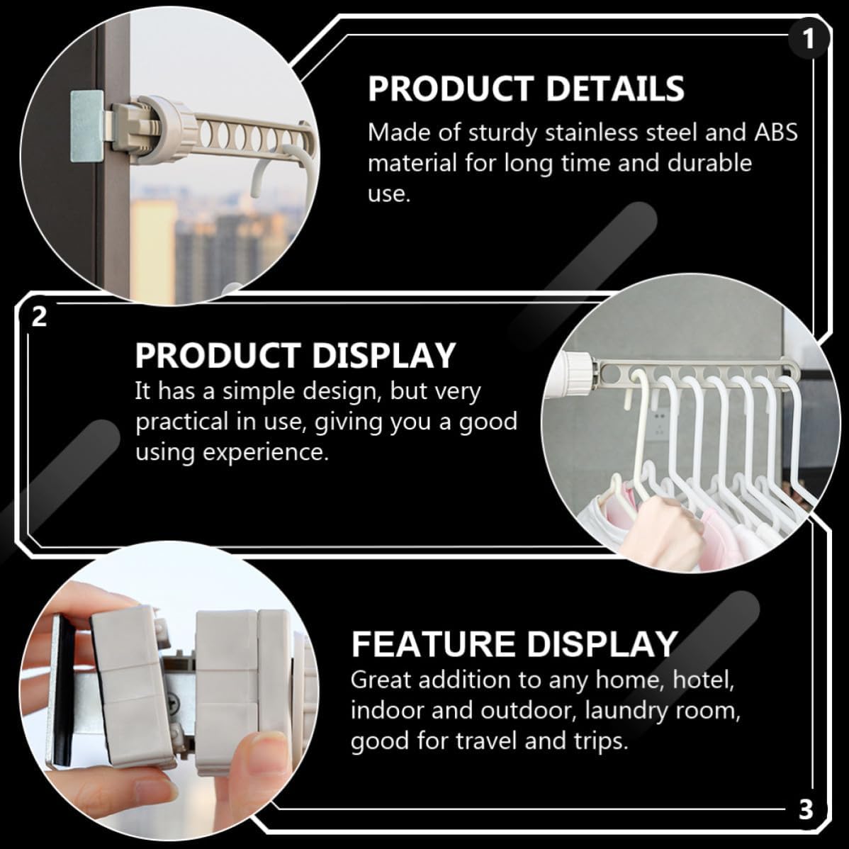 3pcs Adjustable Clothes Hanger Rack with 8 Holes, Stainless Steel ABS