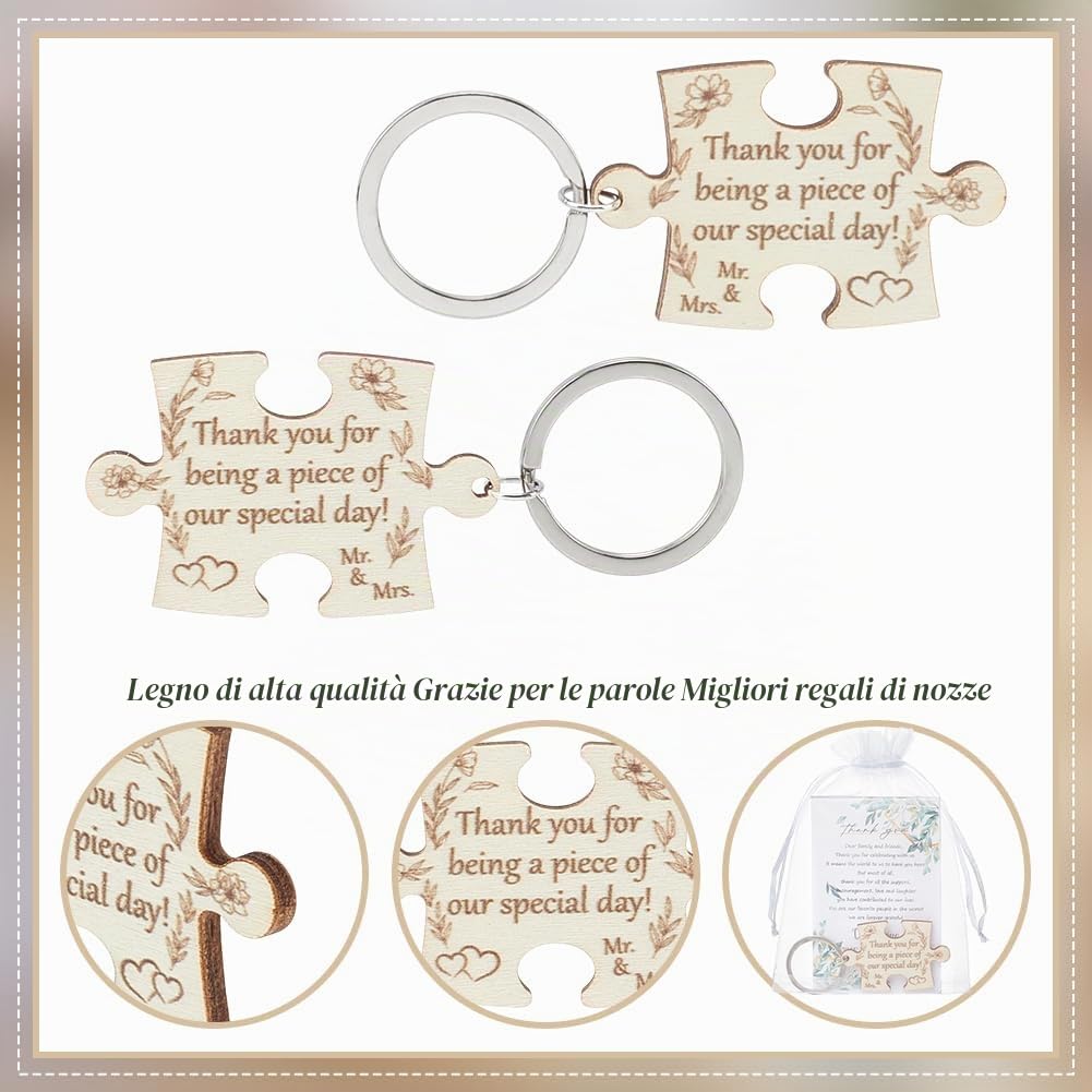 ORIGACH Set di 100 bomboniere per ospiti di nozze con portachiavi in legno puzzle di ringraziamento sacchetti in organza, per feste e feste di nozze