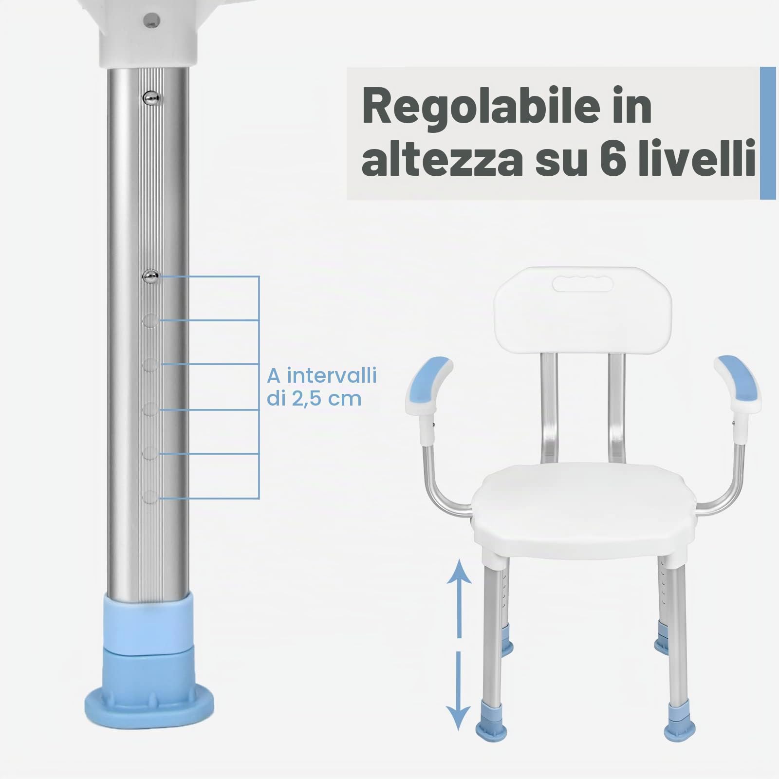 UISEBRT Sedia da doccia con bracciolo e schienale, sgabello da doccia regolabile in altezza, con piedini in gomma antiscivolo, sedile doccia fino a 150 kg