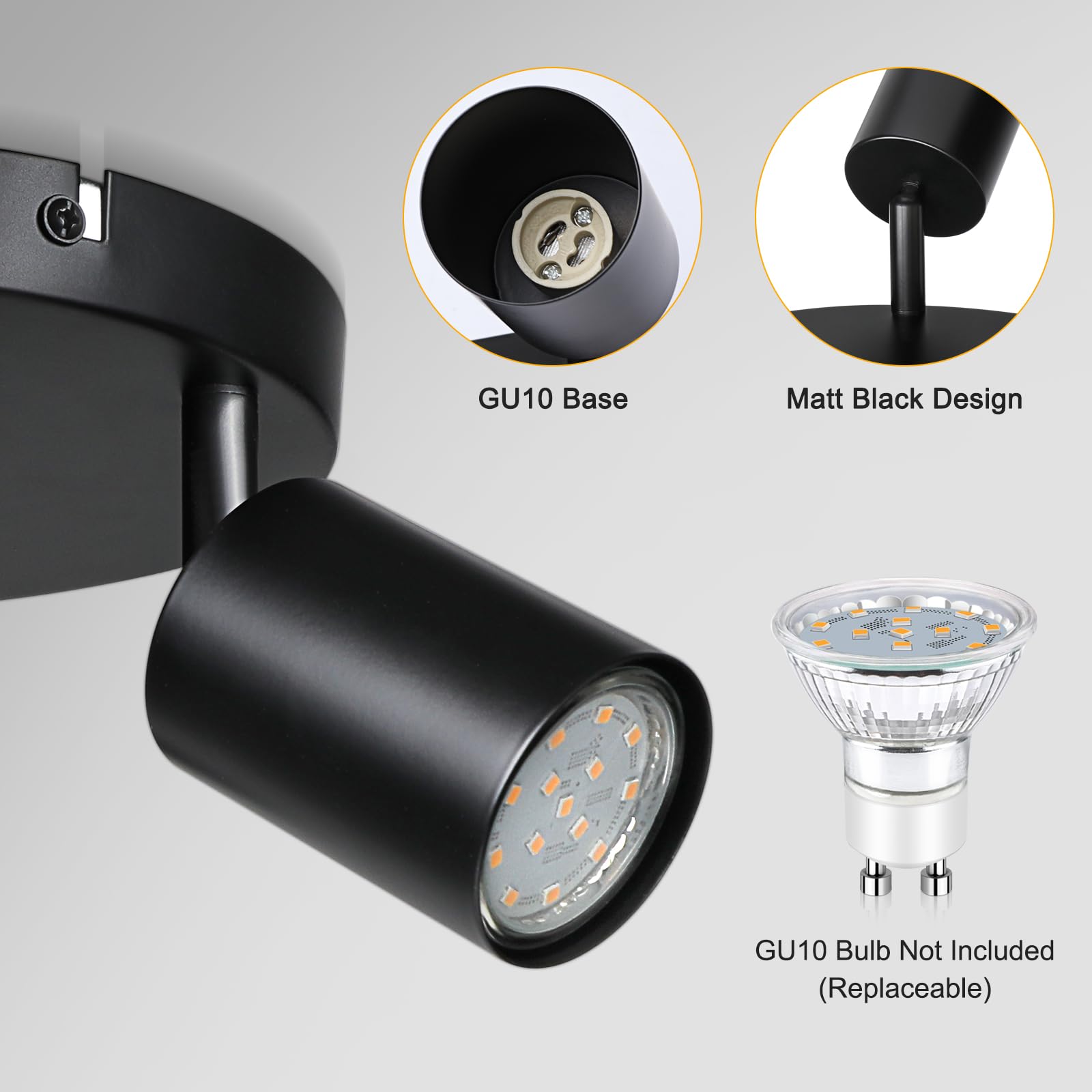 Smanu 3 Way Spotlight Ceiling Lights, Modern Kitchen Ceiling Light Fittings Black, Industrial Ceiling Spots Wall Lights - Image 3