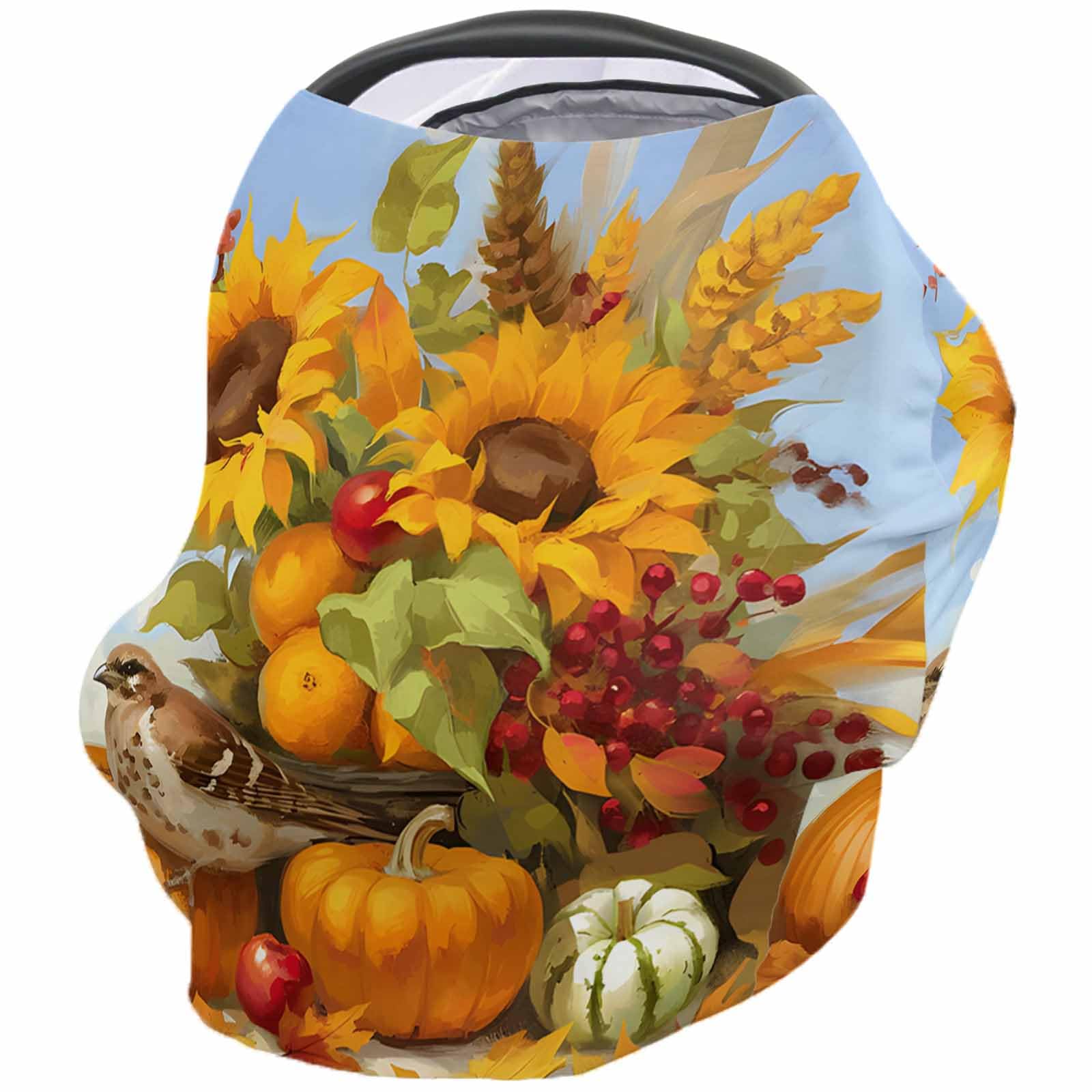 Nursing Cover for Breastfeeding Scarf, Fall Pumpkins Sunflower Bird Oil Painting Baby Car Covers Super Soft Multi Use for Canopy Shopping Cart Cover Blanket Stroller Cover