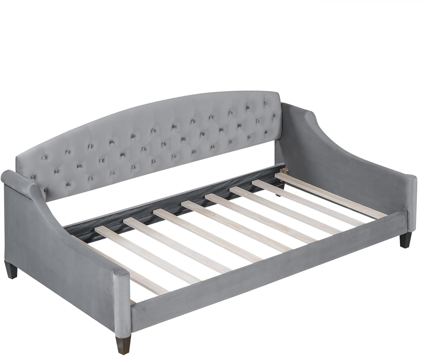 SOFTSEA Modern Luxury Upholstered Daybed, Twin Size Daybed with Tufted Button Backrest, Wooden Slat Support, Velvet Upholstered Daybed Frame, Gray