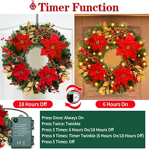 24 In Christmas-Wreath,Christmas-Wreaths-For-Front-Door,Pre-Lit-Christmas-Decorations Door Wreath With 50 Led Lights,Poinsettia Flowers,Artificial Indoor/Outdoor Home Decor Gift Wreath For Door Mantel #TOP4