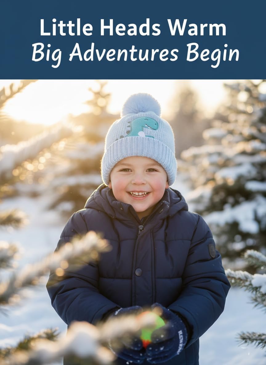 A2Z 4 Kids Dinosaur Beanie Turn Up Knitted Pom Pom Hat Lightweight Soft Fleece Lining Winter Warm Cosy Caps Outdoor Hat