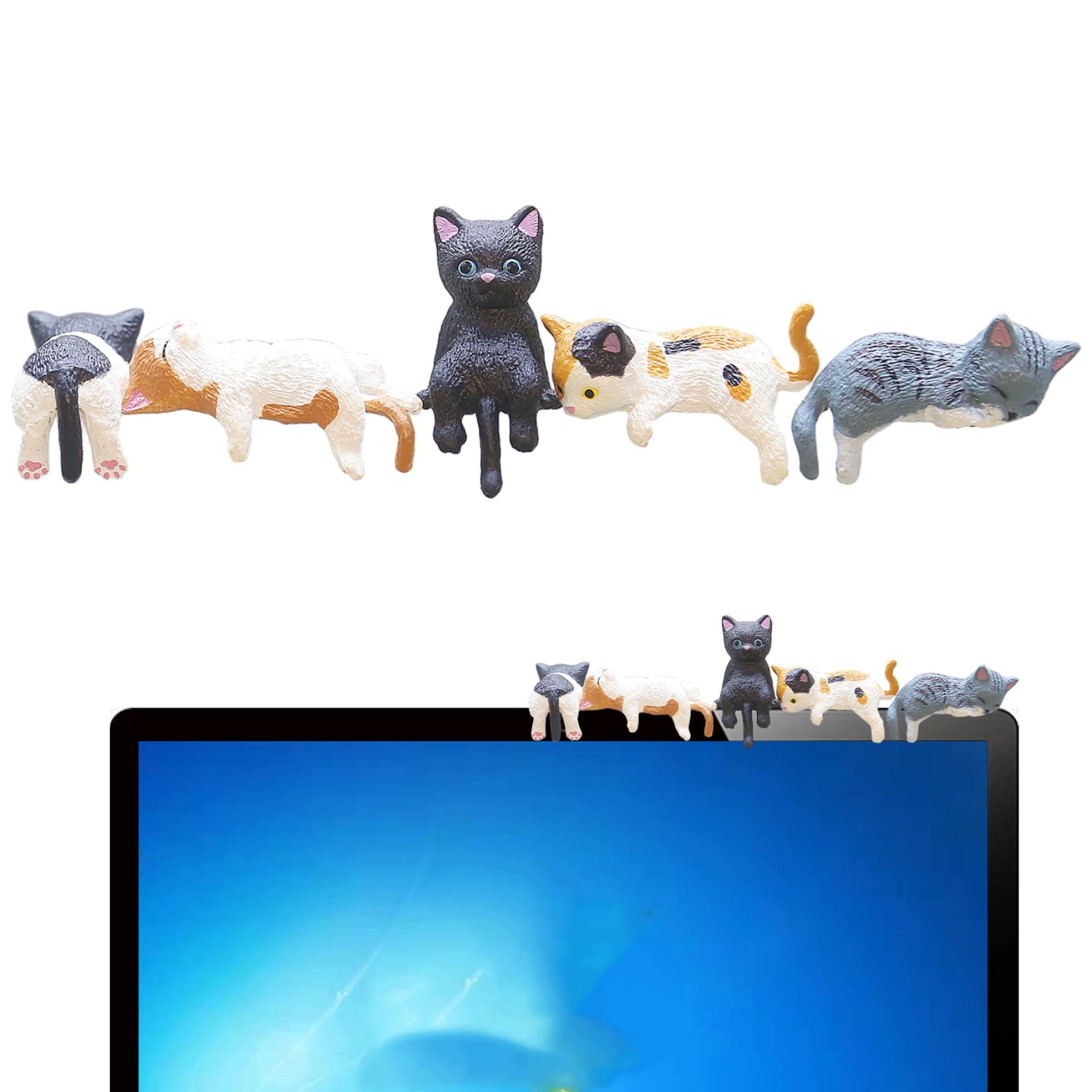 Ameble 5Pcs Mini Cat Figurines, Pvc Computer Monitor Decor, Realistic Cute Cat Figurine For Home Office Car Decor