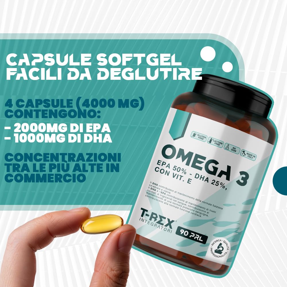 Omega 3 Olio di Pesce FOS 1000 mg - Capsule softgel ad Alto Dosaggio EPA 500 mg DHA 250 mg - Integratore, Pressione, Cuore e Memoria - Certificato Pesca Sostenibile FOS (180 Unità (Confezione da 2))