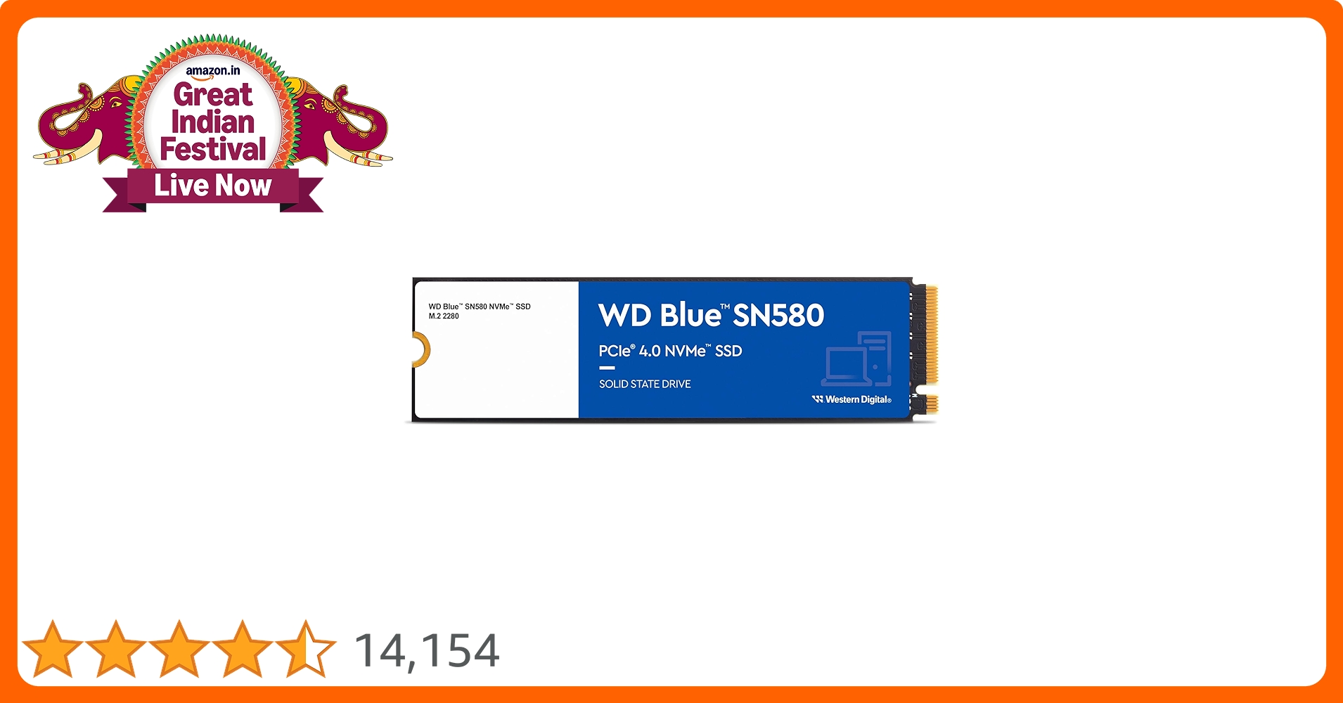 Western Digital WD Blue SN580 NVMe 1TB, Upto 4150MB/s, 5 Y Warranty, PCIe Gen 4 NVMe M.2 (2280), Internal Solid State Drive (SSD) (WDS100T3B0E)