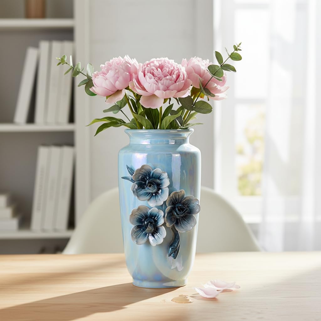 Blue Ceramic Vase 7 Inch - Small Decorative Vase with Floral Pattern, Ideal for Coastal & Modern Home Decor, Bathroom and Shelf Accent