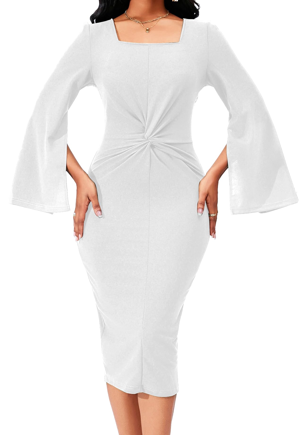 White Business Dress for Women Sexy Elegant Long Cloak Sleeve Waist Twist Cocktail Pencil Kength Length Slit Dresses with Zipper (X-Large)