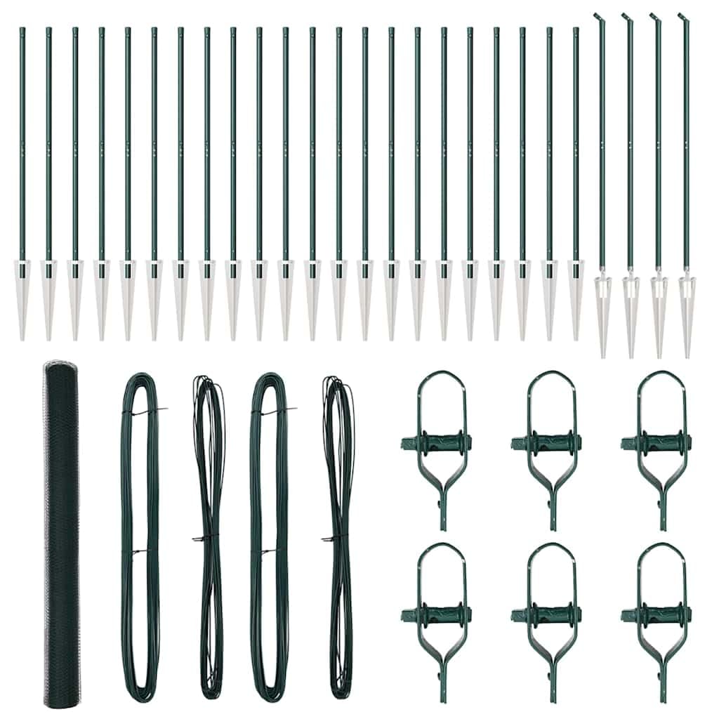 Garden Fence Post Green 50 x 1.6m 13mm Mesh Steel PVC Outdoor Security Fence Panel Kit 52 Spike Posts for Yard Terrace Enclosure Corrosion Resistant